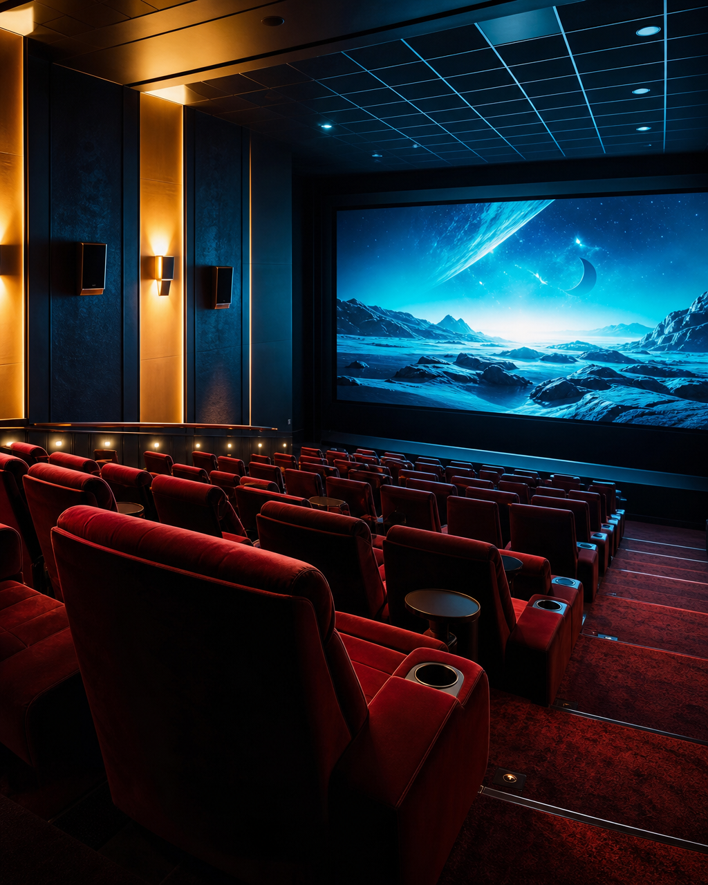 A premium cinema auditorium with plush seats facing a glowing screen