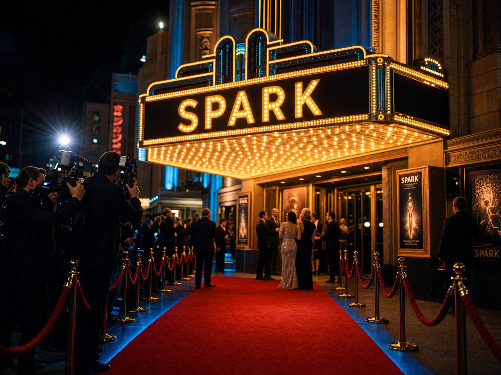 The Spark marquee glowing over a red-carpet premiere at night